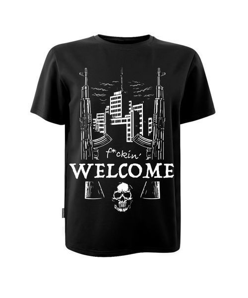 Футболка чорна з коротким рукавом з принтом "Welcome fuckin" (кулір) шовкографія (2-х стороня) р. S 000055994 фото
