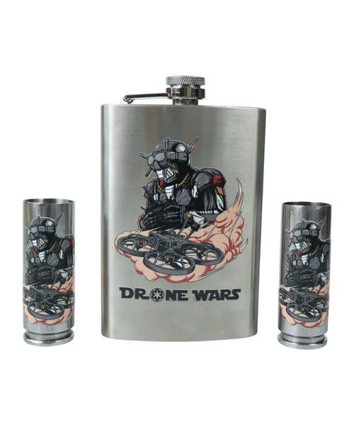 Набор подарочный военный "Дрон" (Фляга9 OZ+2 рюмки патрон сталь, зажигалка бенз., лейка) 000052973 фото