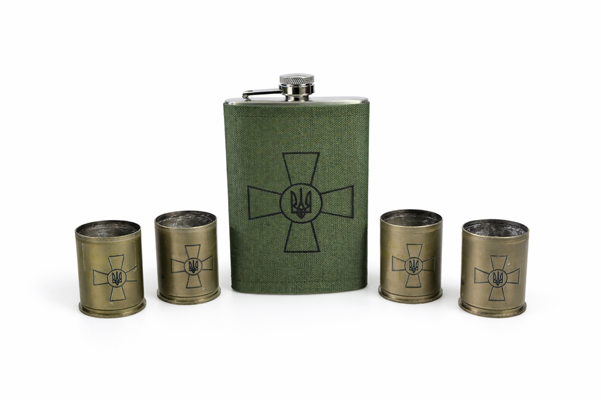 Набор подарочный военный 4 Profi в коробке Трезуб с чехлом фляга (Фляга 9OZ+4 рюмки патрон) 000053136 фото