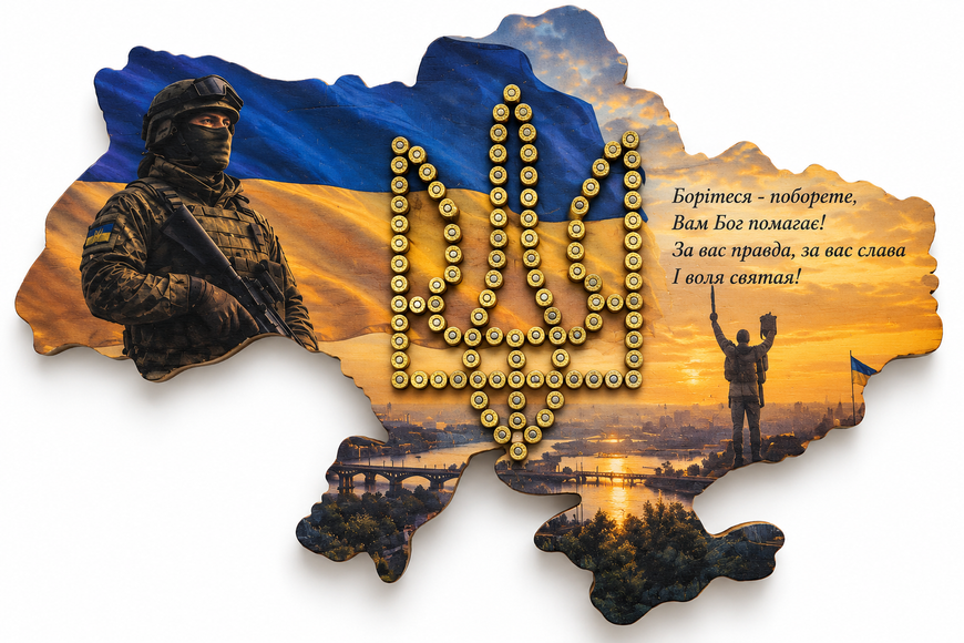 Сувенірна дерев'яна карта України з патронами (Батьківщина мати)ясень 57*39 см 000061086 фото